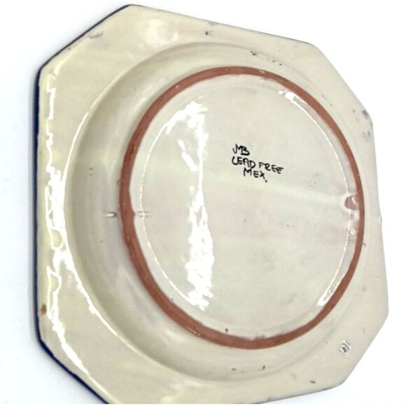 Mexican Art Pottery 12" Octagonal Lead Free Platter Redware Sun Flower Design - Picture 7 of 8